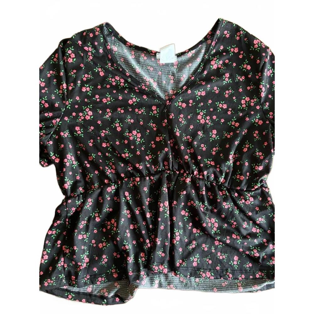 Ripe Black Flowy Floral Top – Pink Ditzy Print, Size Large
